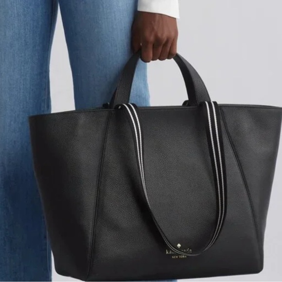 Kate Spade NY Rosie Pebbled Leather Large Tote Black Dual Handles Striped NEW - Picture 2 of 13